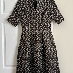 Lela Rose Black and Gold Patterned Midi Dress